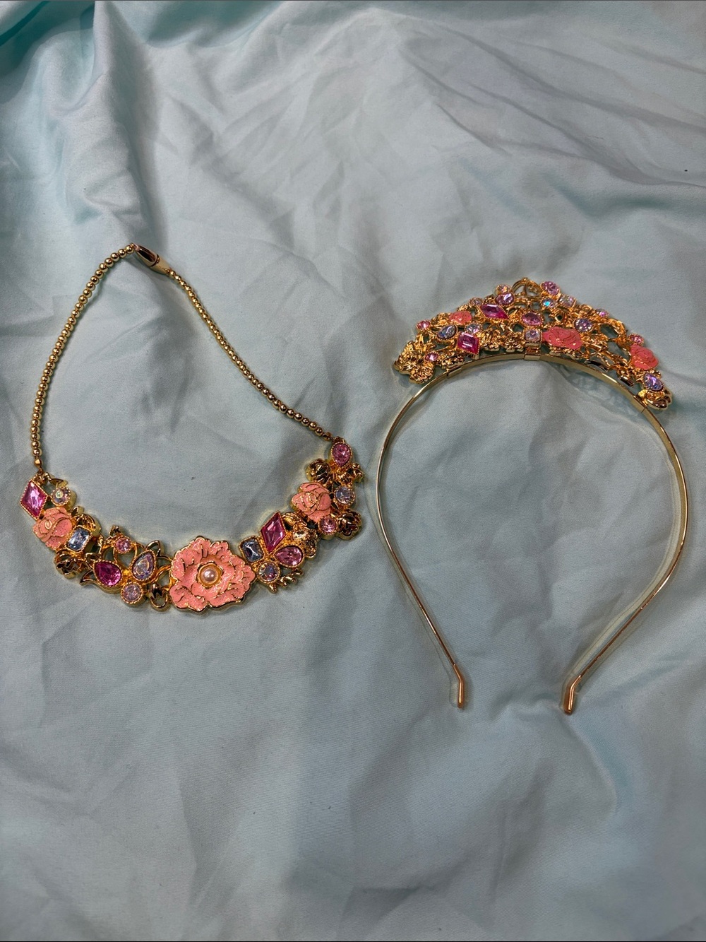 Disney Belle Gold-Tone Pink Floral Crystal Necklace, earrinand Headband Tiara Se